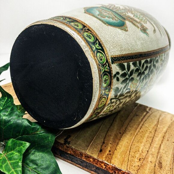 Porcelain Vase Green/Gold Botanical Motif Hand Painted Gilt Accent China - Picture 8 of 13